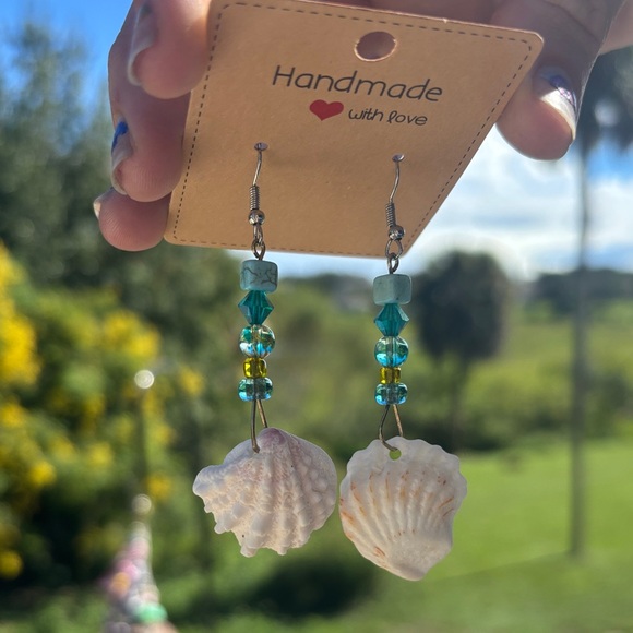 Handmade Shell and Bead Earrings - White and Blue - Picture 4 of 4